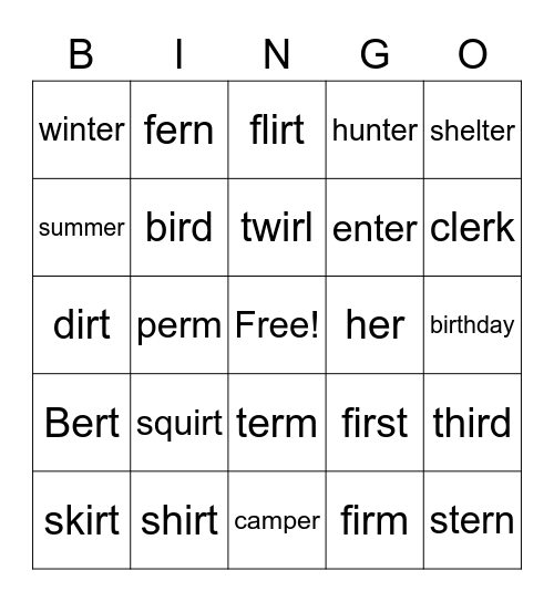 ER and IR Bingo Card