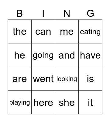 sight words Bingo Card