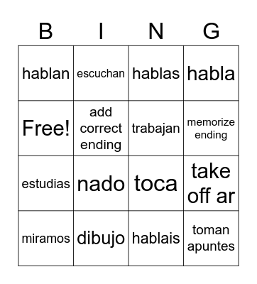 Spanish Bingo Card