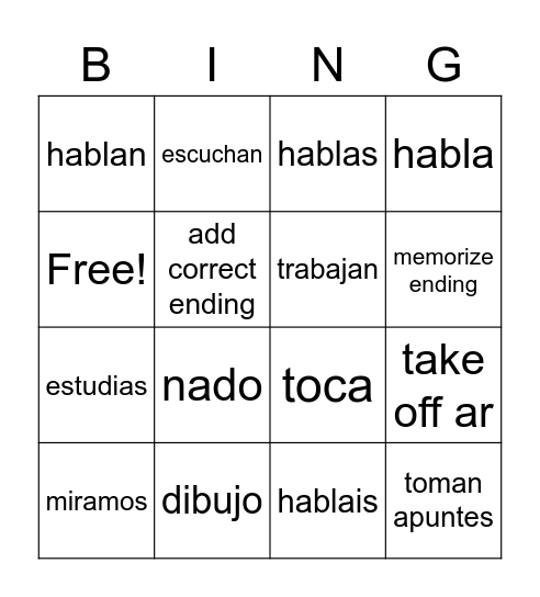 Spanish Bingo Card