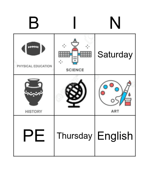Days and School Subjects Bingo Card