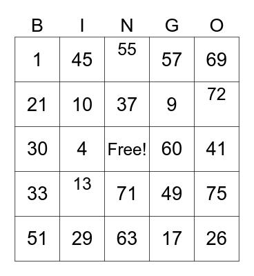 Number Bingo 1-75 Bingo Card