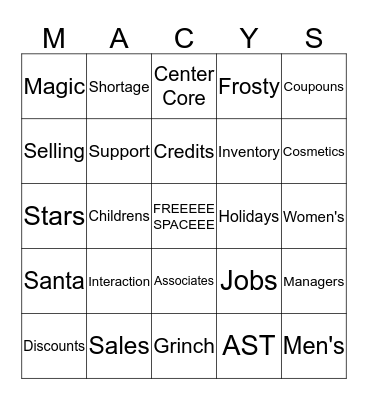 Macys Bingo Card