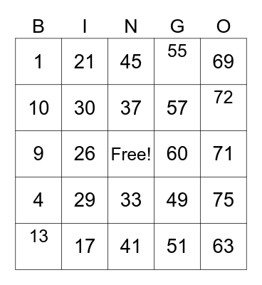 Number Bingo 1-75 Bingo Card