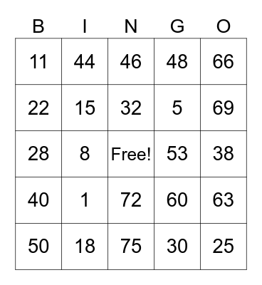 Number Bingo 1-75 Bingo Card