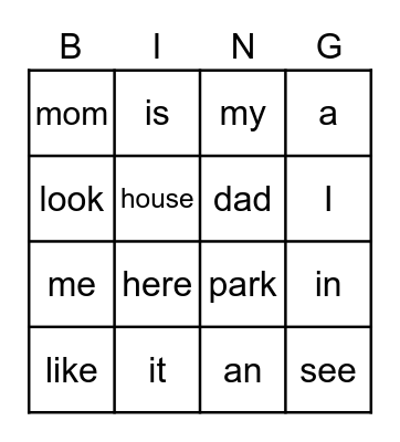 Snap Word Bingo Card