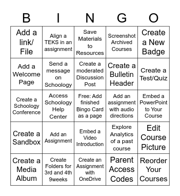 Schoology Bingo Card