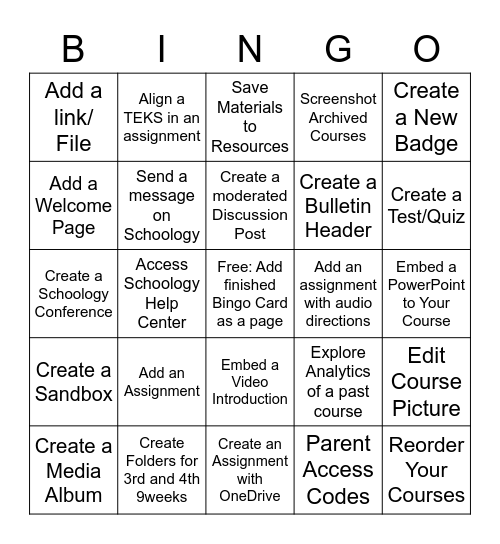 Schoology Bingo Card