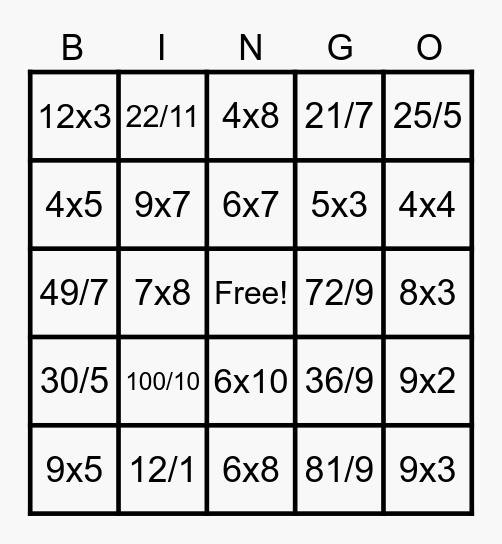 Multiplication and Division Bingo Card