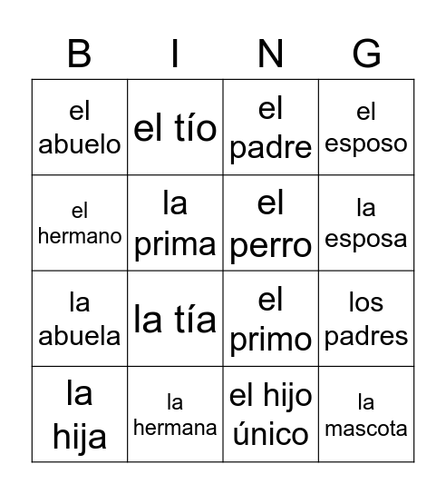 La Familia Bingo Card