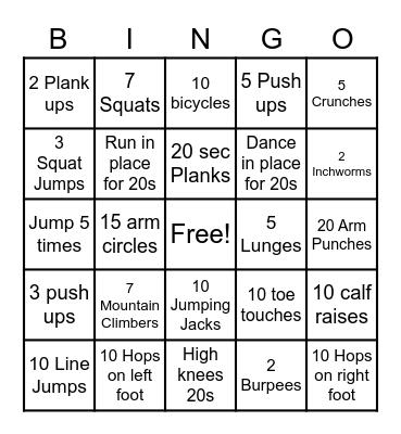 Fitness Bingo Card