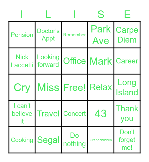 Ilise's Retirement Bingo Card