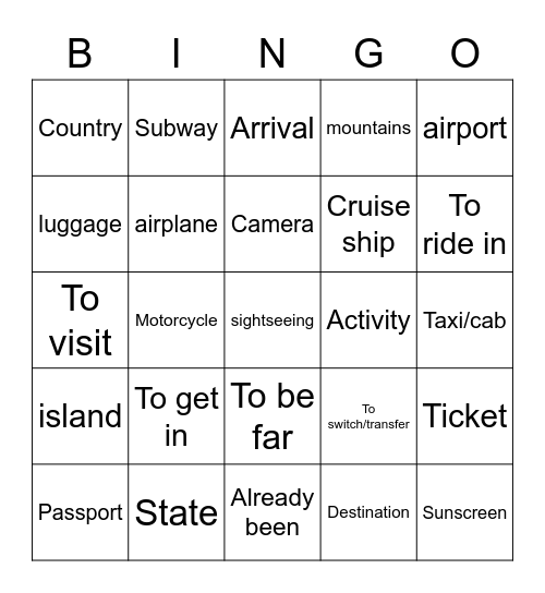 Travel Vocab Bingo Card