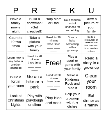 Winter Break Bingo Card