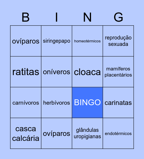 AVES E MAMÍFEROS Bingo Card