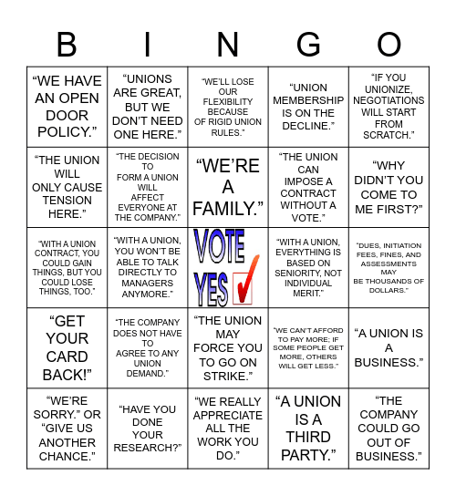 Anti- Union Bingo Card