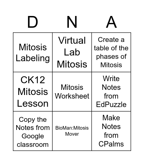 Mitosis Assignment Bingo Card