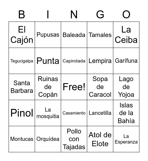 Bingo de la cultura Honduras Bingo Card