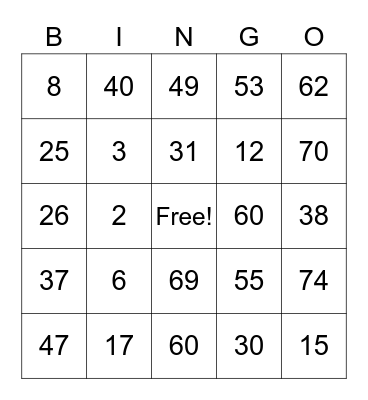 Bingo 1-75 Bingo Card