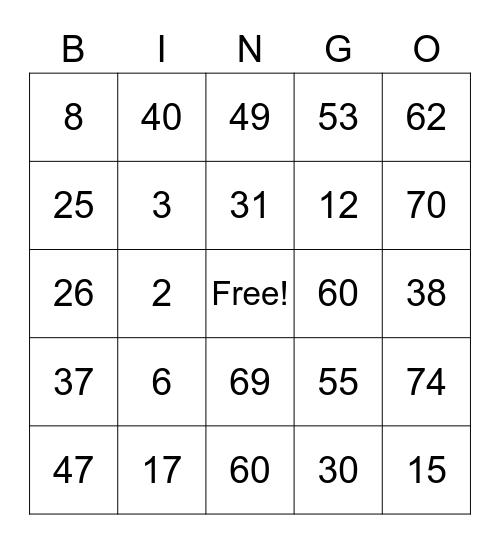 Bingo 1-75 Bingo Card