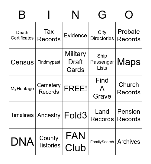 Genealogy Bingo Card