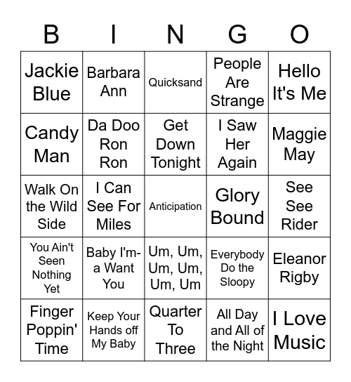 Oldies A To Z Bingo Card