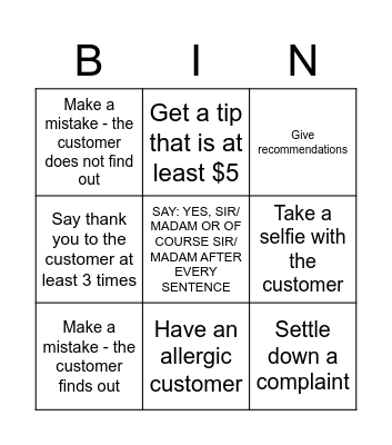 Waiter - Bingo Card