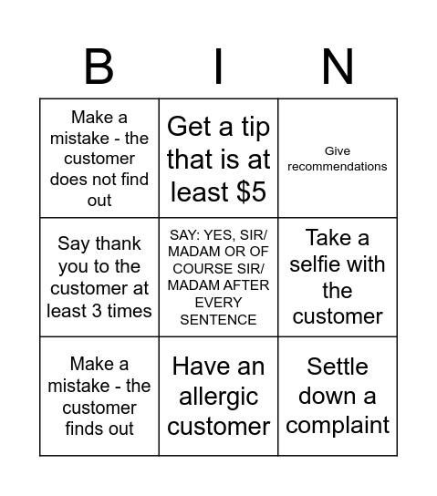 Waiter - Bingo Card