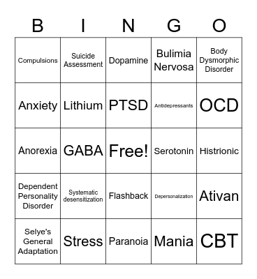 Anxiety;Mood and Affect Bingo Card
