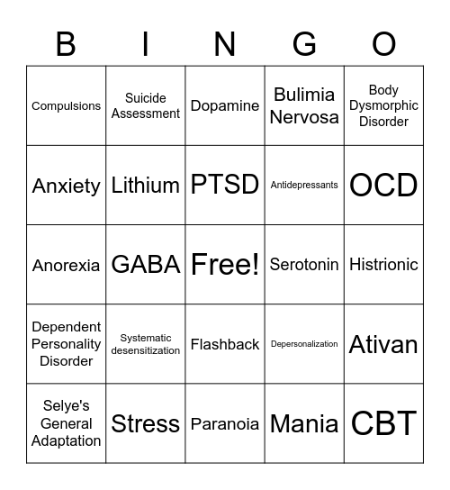 Anxiety;Mood and Affect Bingo Card