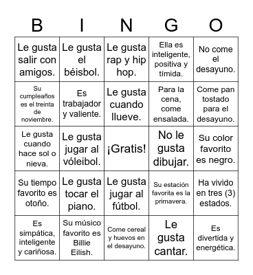 Todo Sobre Mí (1a hora) Bingo Card