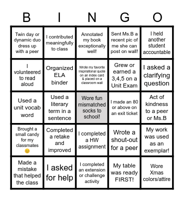 ELA Christmas Break Challenge! Bingo Card