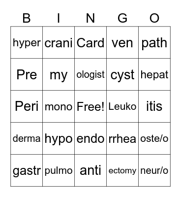 Medical Terminology Bingo Card