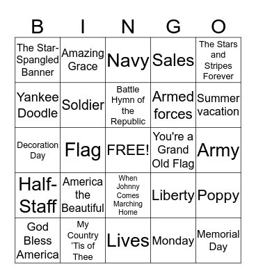 Memorial Day Bingo Card