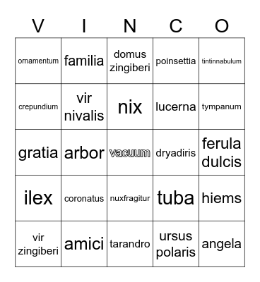 Winter Latin Vocab Bingo Card