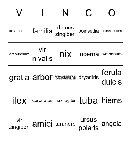 Winter Latin Vocab Bingo Card