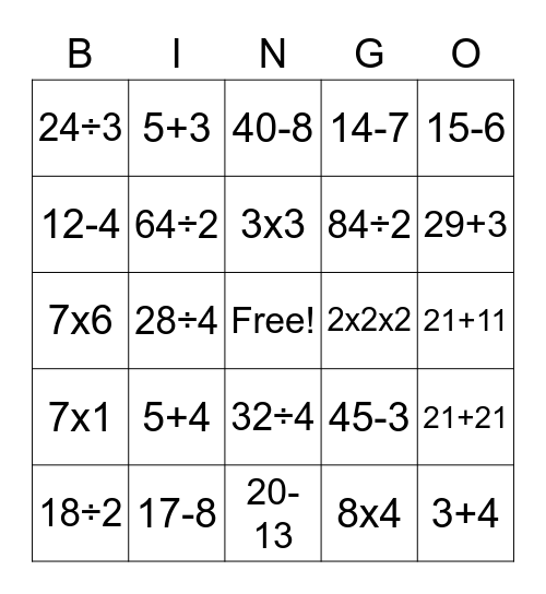 Sum, Product, Difference, Quotient BINGO Card
