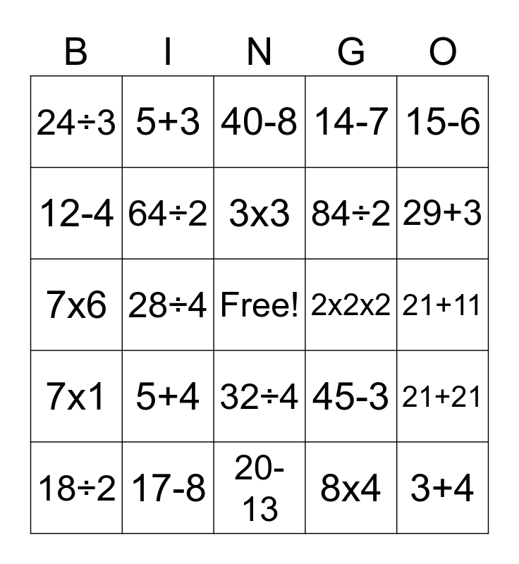 Sum, Product, Difference, Quotient BINGO Card