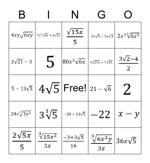 Algebra 2: 5.1-5.3 Review Bingo Card