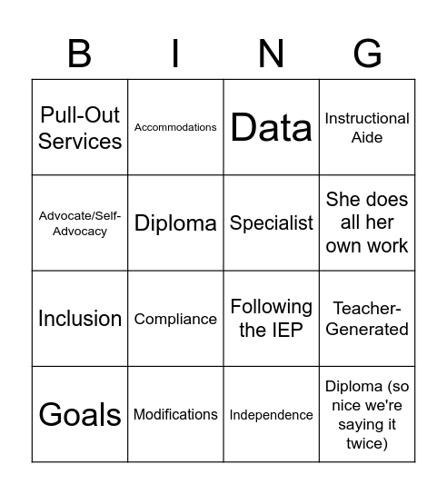 IEP Bingo, Part Deux Bingo Card