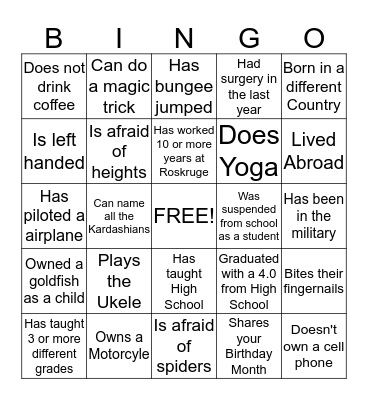 Roskruge Teacher  Appreciation Bingo Card