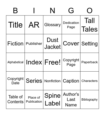 Parts of Books Bingo Card