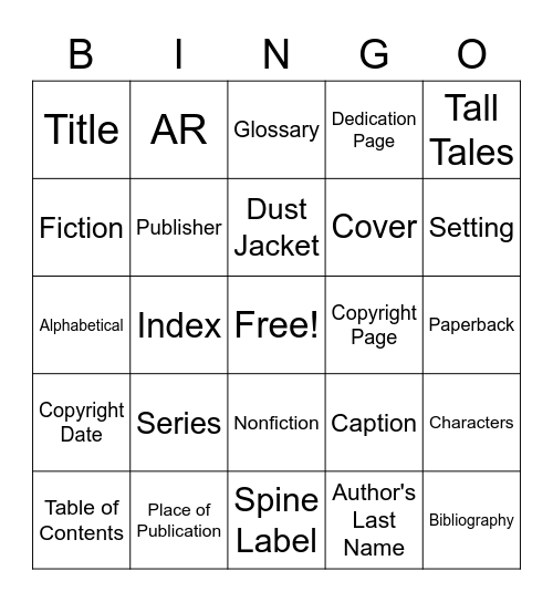 Parts of Books Bingo Card