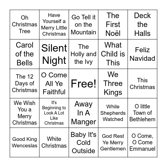 Christmas Song Bingo Card
