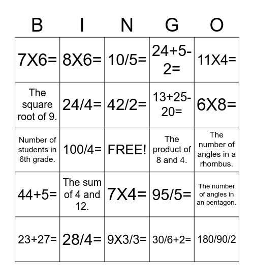 G5 and 6 Math Bingo Card