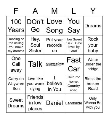 Jukebox Bingo 112921 Family Bingo Card