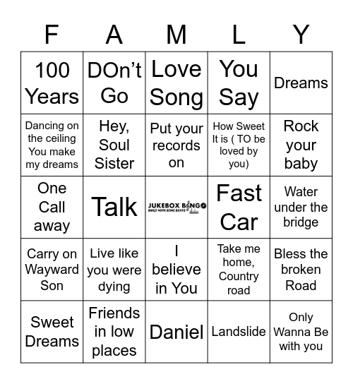 Jukebox Bingo 112921 Family Bingo Card