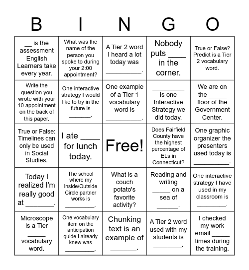 SPS ELs in Mind, Body, Heart - Day 2 Bingo Card