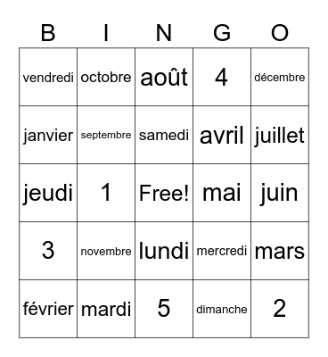 Les mois et le jours Bingo Card