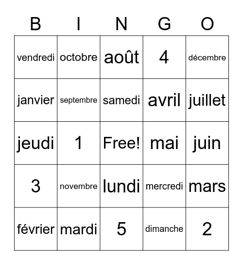 Les mois et le jours Bingo Card